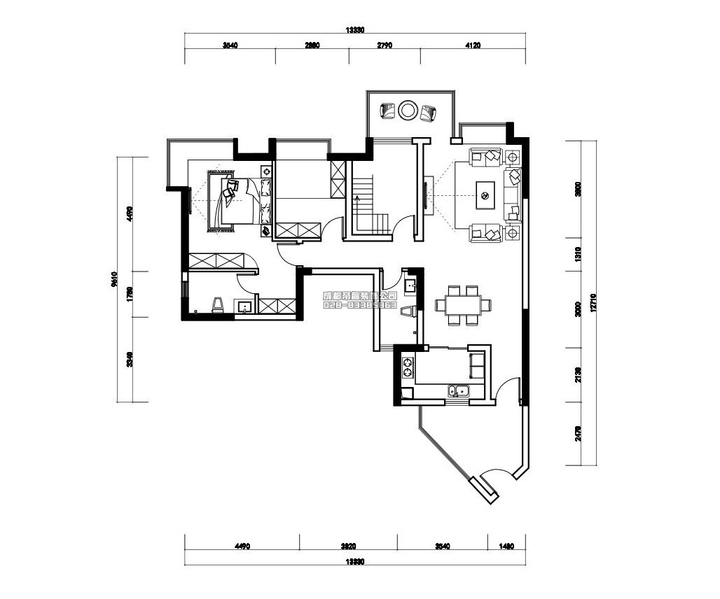 簡歐套三住宅家具布置平面設(shè)計(jì)圖